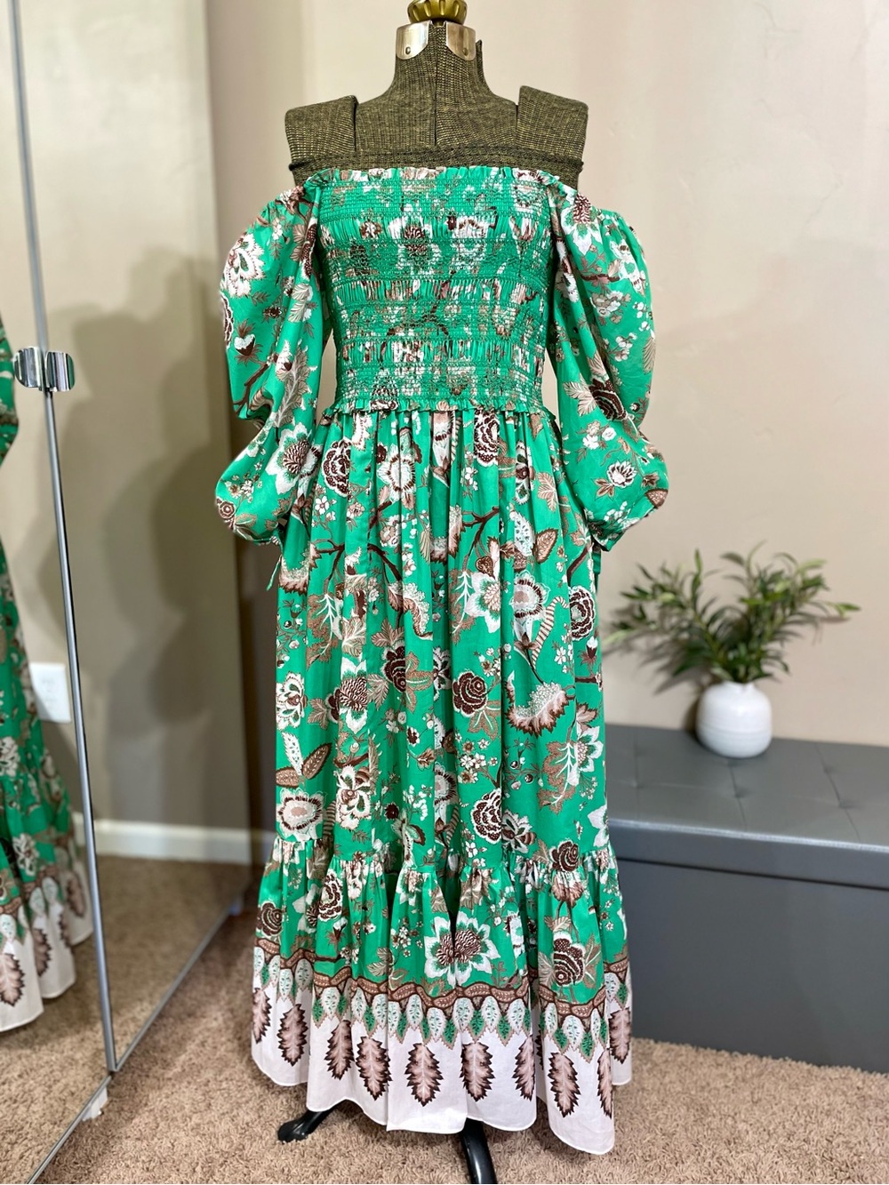 Cara Cara Jazzy Midi Dress Green Floral Smocked Puff Sleeve Cotton Cottagecore - Picture 6 of 16